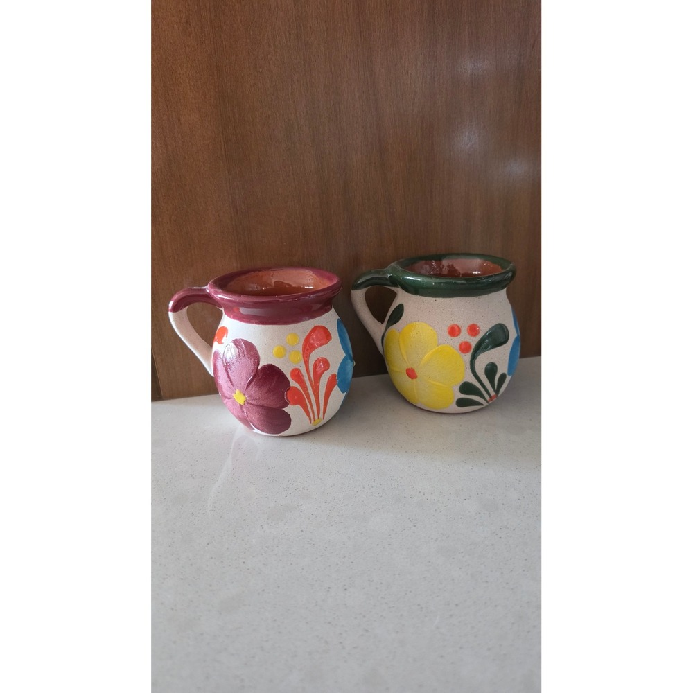 Mexican Terracotta Floral Mugs Set of 2 Hand Painted Pottery Jarritos Artisan